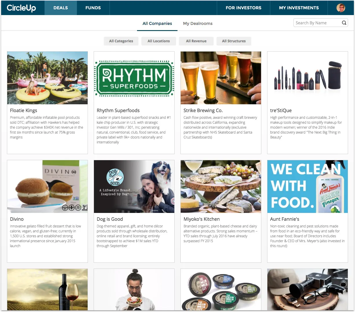 CircleUp deals browse screen, 2017