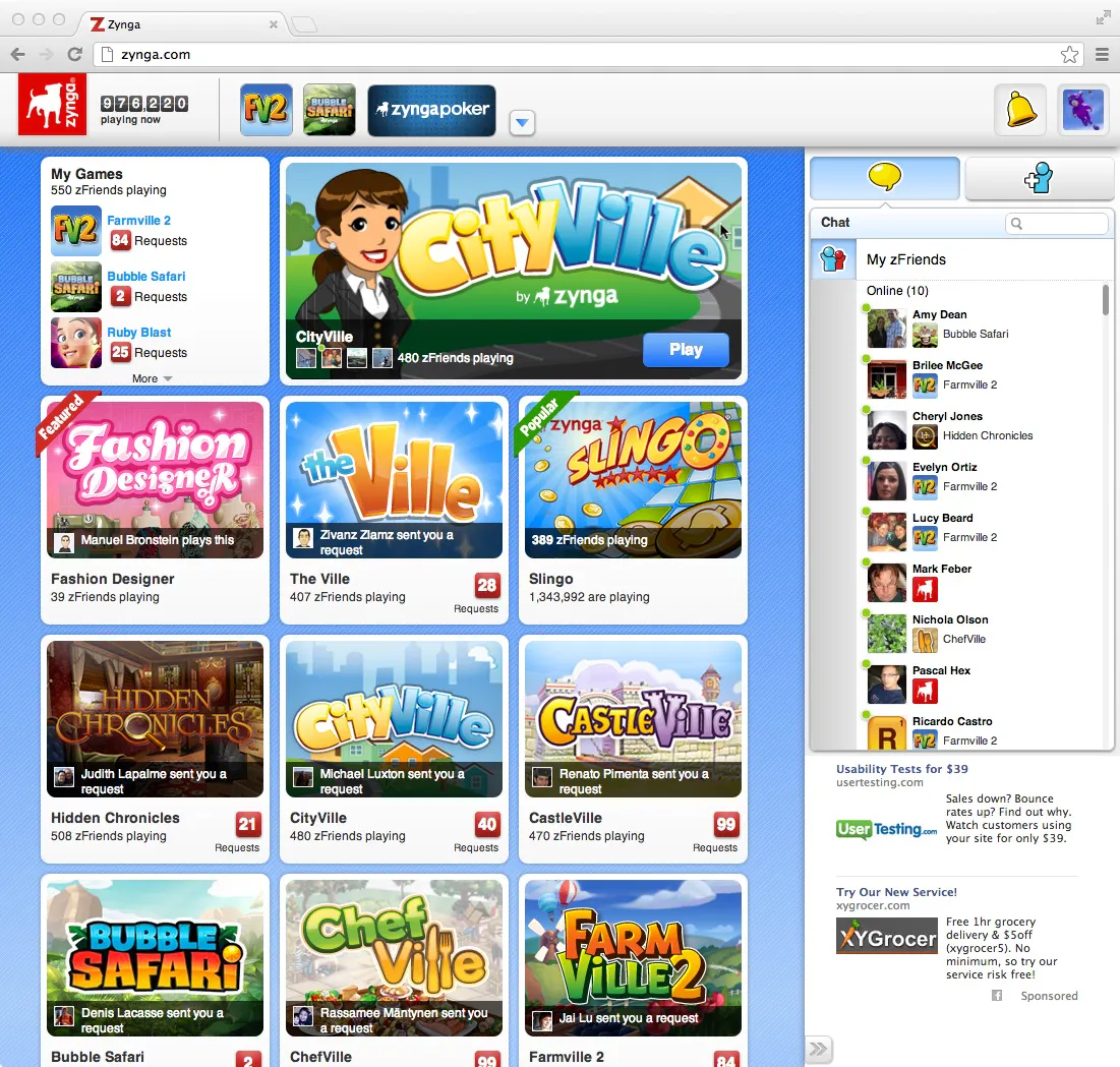 Zynga Developer Connect (ZDC) home page, logged in