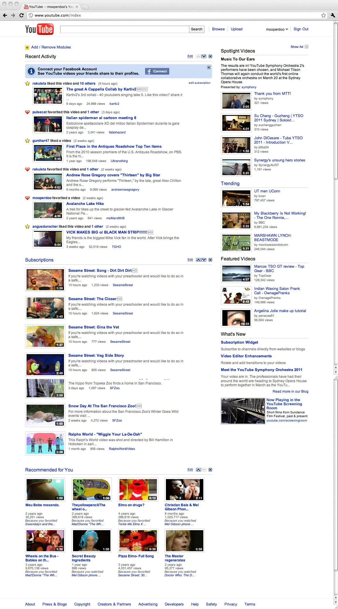 YouTube home page showing recent activity and spotlight videos
